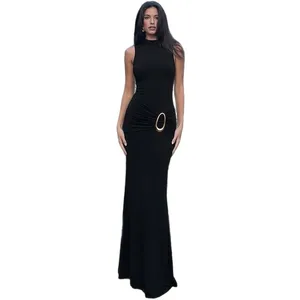 2026 Spring Summer New Fashion Ruched Floor-Length Empire Waist Round Neck Twist Sexy Backless Bodycon Party Dress for Women