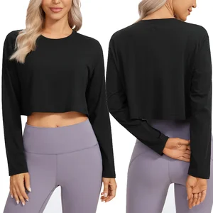Breathable Solid Color Relax Yoga Top Crew Neck Four Way Stretch Spandex Fitness Light Weight Long Sleeve Women Cropped Shirts