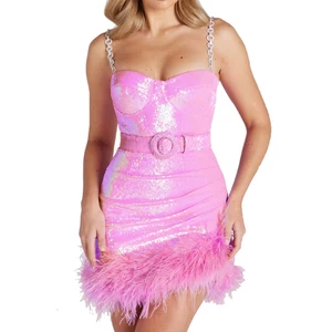 Custom Design Pink Sleeveless Waistband Feather Hem Women Sexy Casual Sequin Evening Dresses