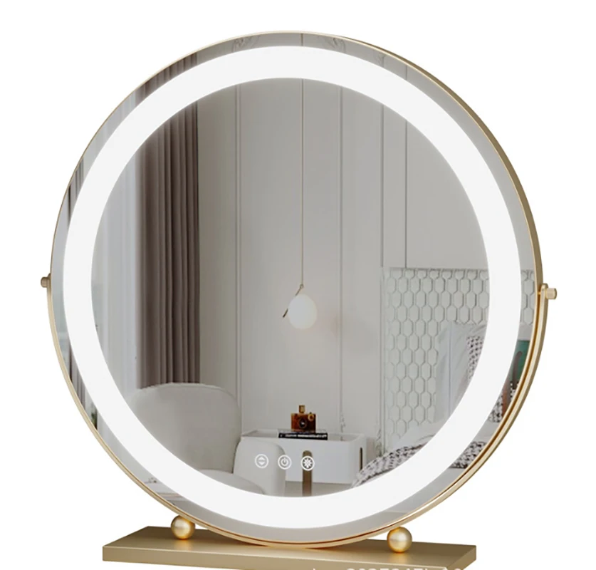 Gold Frame Round Rotating Tabletop Makeup Mirror with LED Light for Dressing Table Vanity