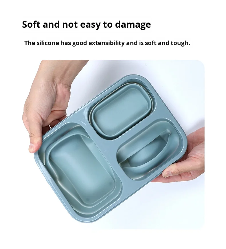 Customized Foldable Portable Silicone Lunch Box Food Grade Drop Resistant Heatable Microwavable Preservation for Outdoor Picnic details