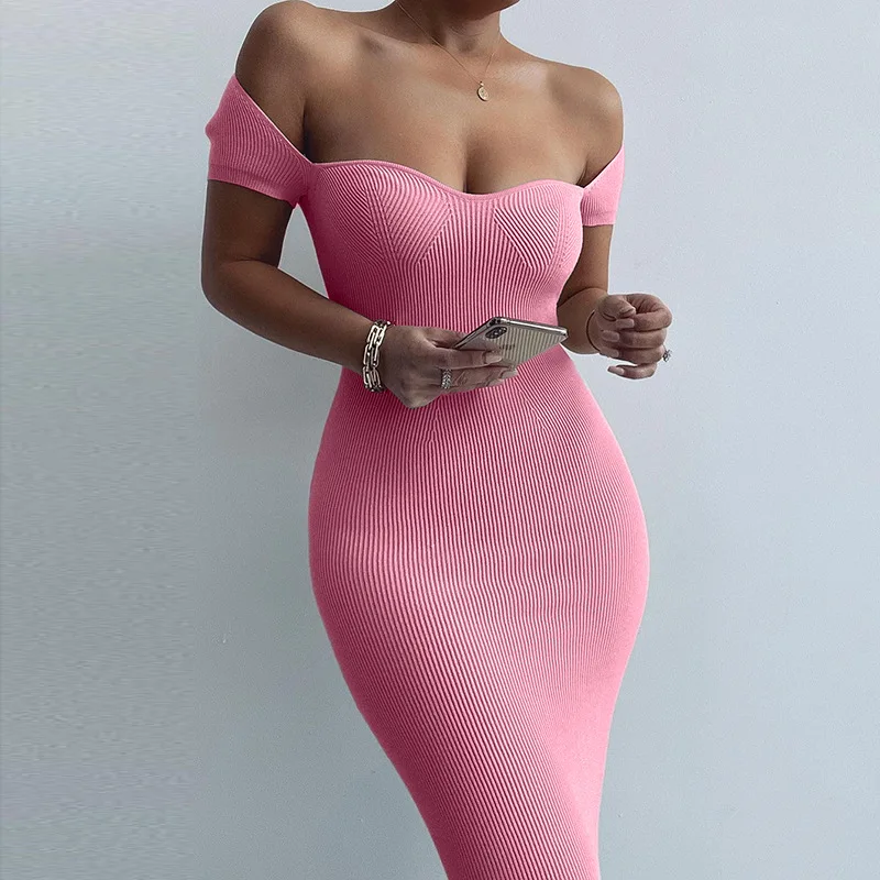 Shoulder Short Sleeve Ribbed Midi Dress 