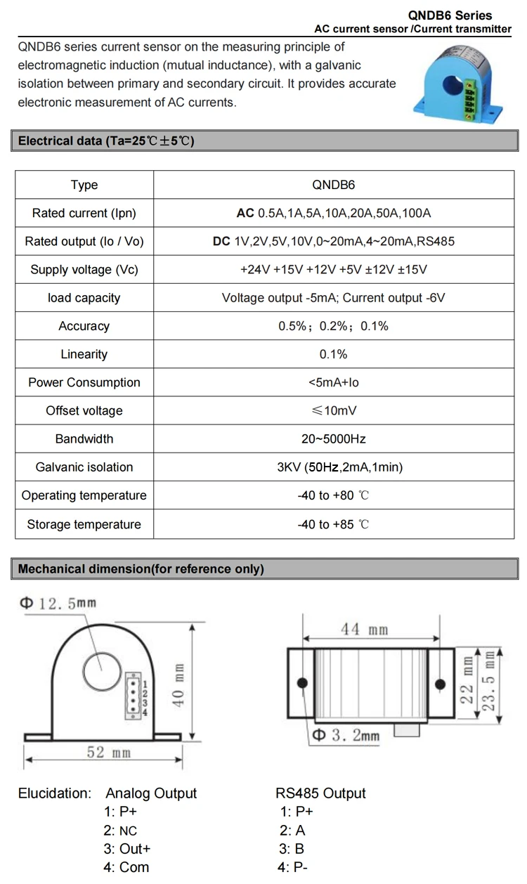 QNDB6 AC DC 1A 5A 10A 20A 30A 50A 100A / RS485 Current Transmitter Hall Effect Current Sensor Transformer Current Transducer