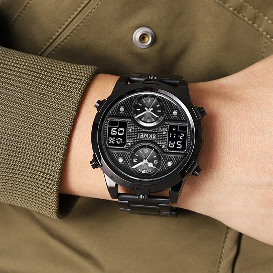 SKMEI 2212 Dual Time Zone Men's Digital Sports Watches Stainless Steel  Strap Led Waterproof Alarm Clock 12/24 Hour Wristwatch