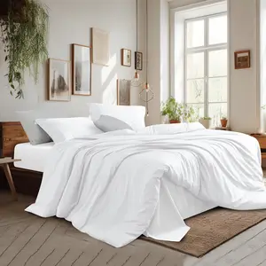 Queen Size 100% Cotton Duvet Cover Premium Simple Woven Style 5-Star Hotel Quality 300TC Eco-Friendly Flat Bed Sheet Cover Set
