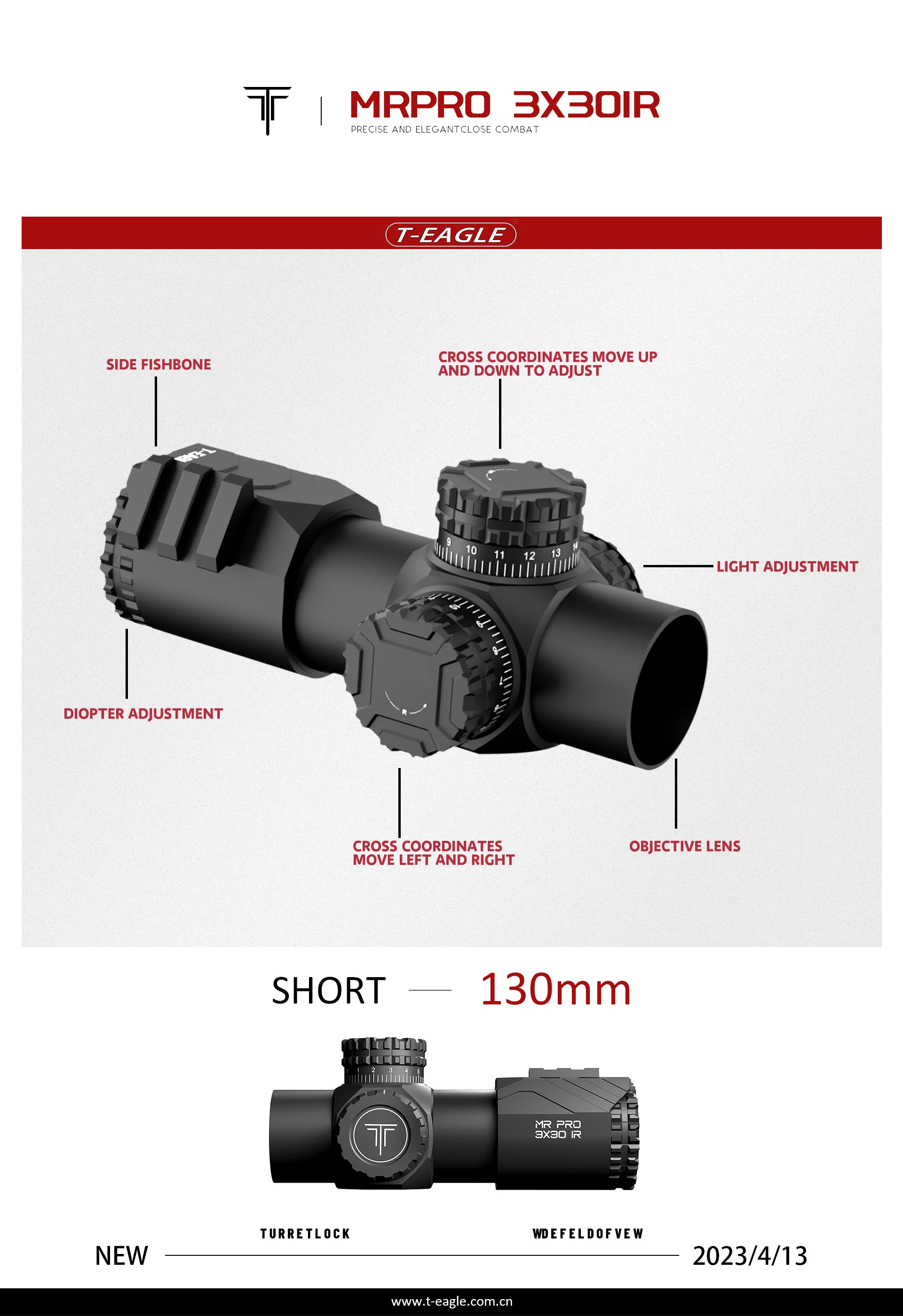 T-EAGLE MR PRO 3X30 IR Scope - 34mm Tube, Black, Red/Green