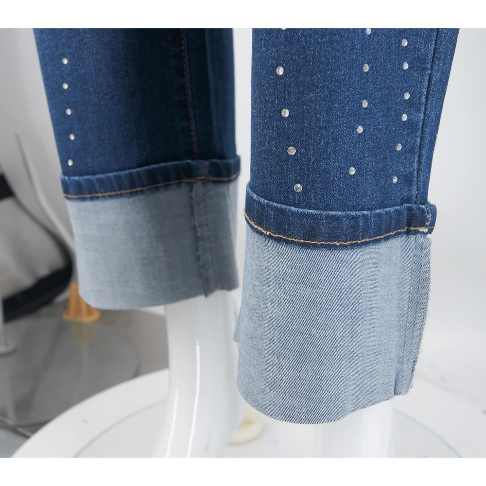 Plus Size Studded Cuffed Women's Jeans Trendy High Waist Loose Fit Denim Pants Fashion Casual Plus Size Trousers