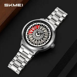SKMEI 2356 Men's Stainless Steel Cartoon Antique Wrist Watch Rotating Quartz Dial Glass Leather Band 3ATM Water Resistant