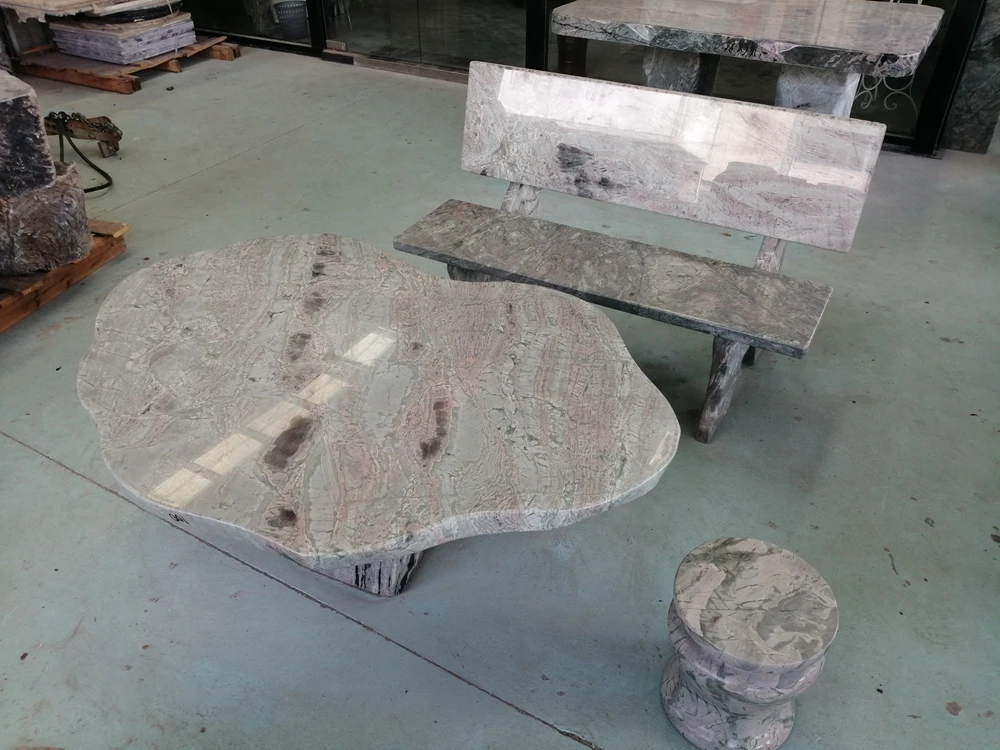 Natural Dragon Jade Marble Stone Table And Chair Sets Marble Benches For Outdoor Garden And  Patio