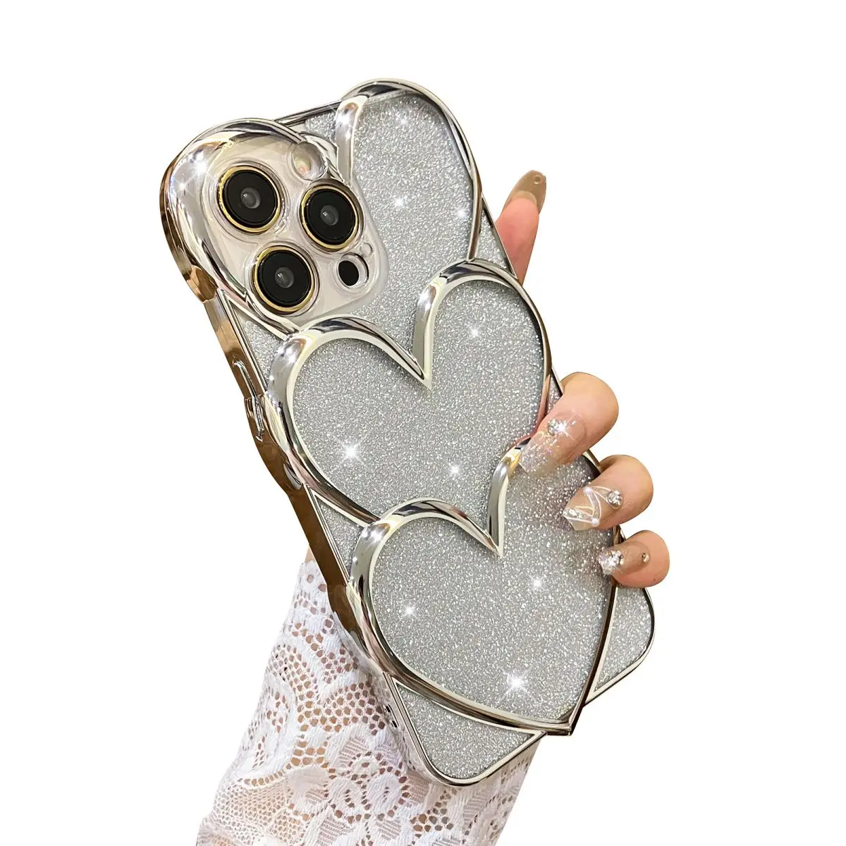 Luxury Phone Case  Electroplating hollow heart glitter cardboard For iPhone 14 pro max silver HWC21