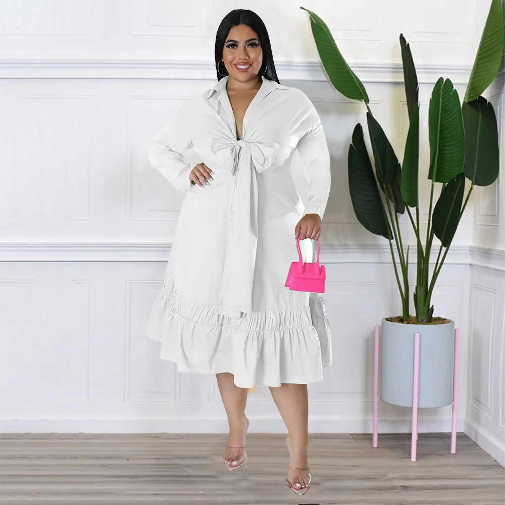 Elastic Plus Size Women Dress Ruffles Hem Big Swing Smock Dress