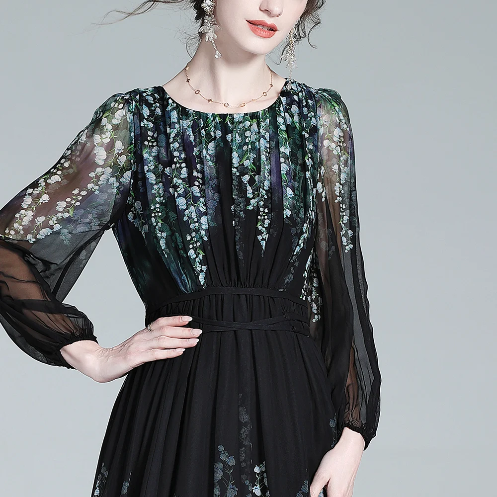 Womens Round Neck Long Sleeve Satin Elegant Dress Suit