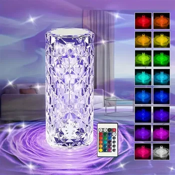 LED 16 Colors Crystal Table Lamp Rose Light Romantic Dimming Atmosphere Light Touch Adjustable Night Lights for Bedroom Decorate