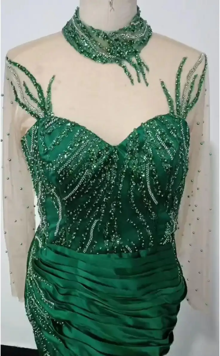 2024 African Green Mermaid Prom Dresses High Neck Long Sleeve Beaded Lace Evening Dress Floor Length Mermaid Sequined Dress