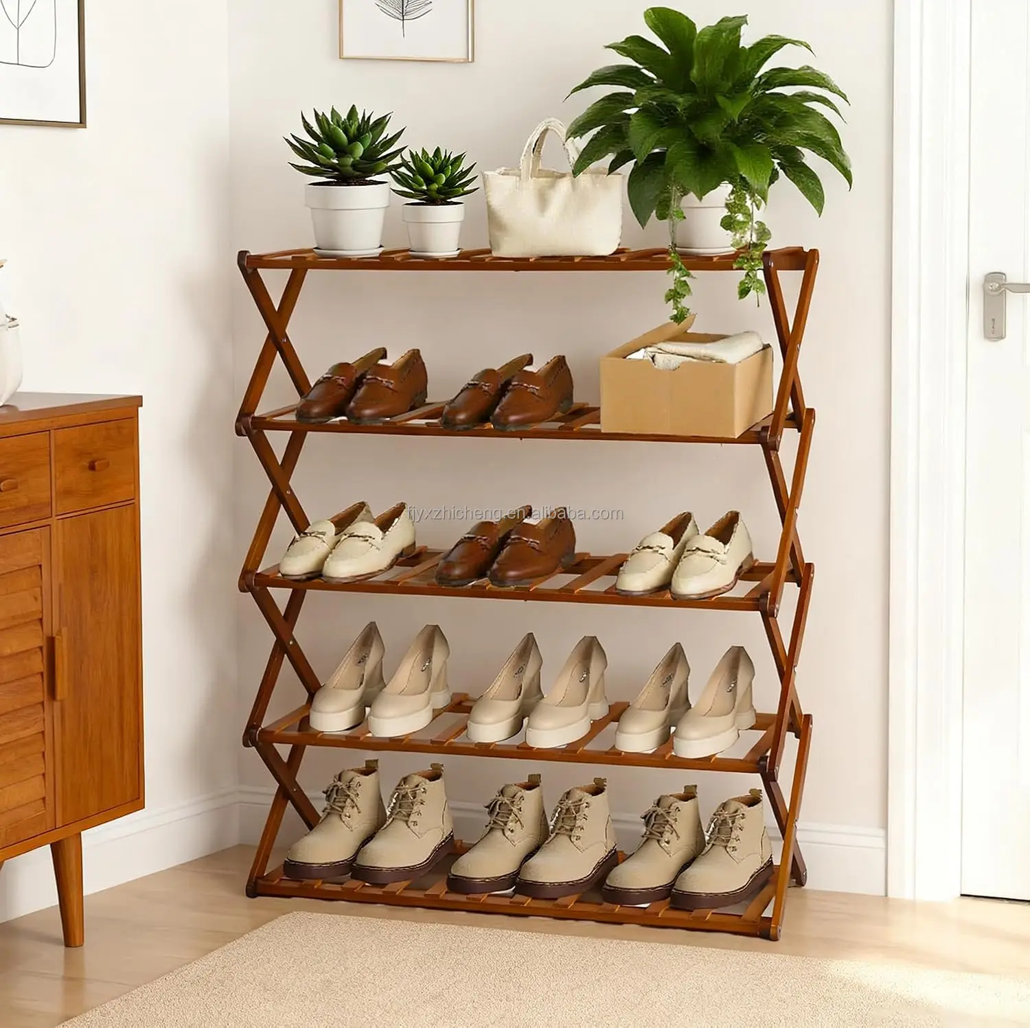 product bamboo foldable shoe rack 5 tier shoe storage organizer  folding shoe shelf for entryway bathroom  living room-0