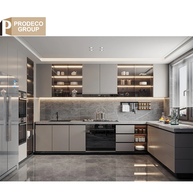 Prodeco Italy Neoclassical Double Pull Down Basket Modular Kitchen Cabinets Set With Sink Accessories