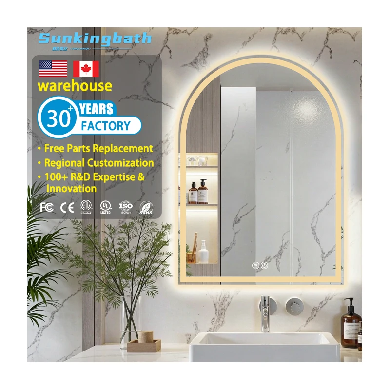 Frameless Arched LED Bathroom Mirror Anti-Fog Touch Para Espejo Tempered Smart Mirror Arch Bathroom Mirror with Led Light