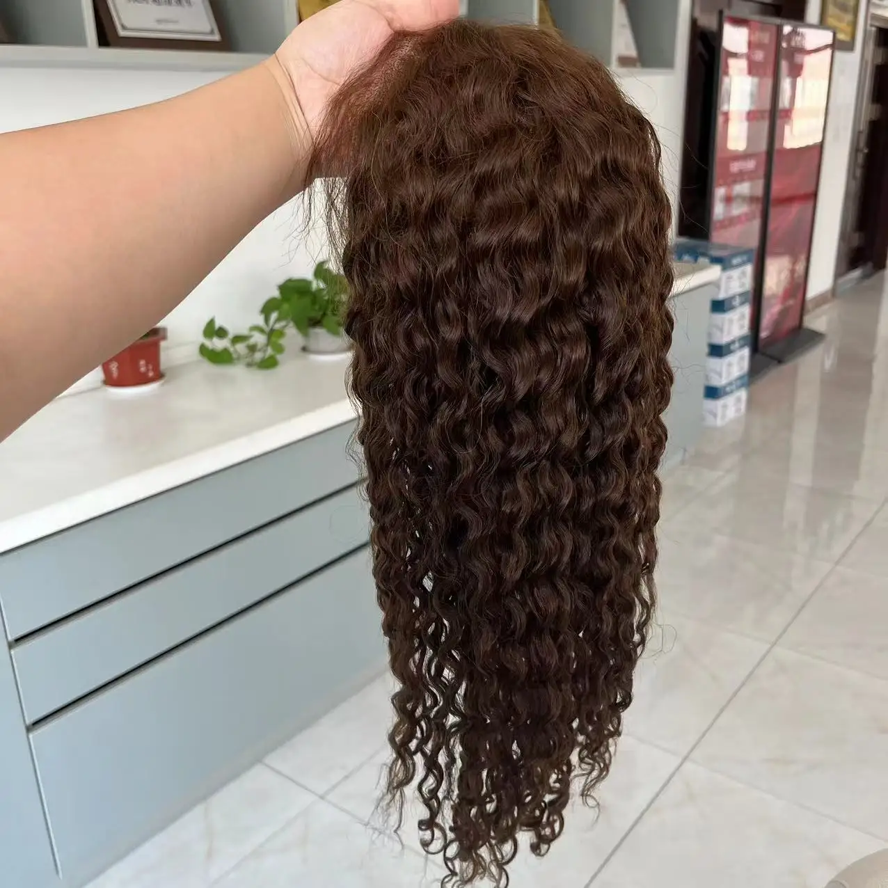 Customization Pu around Perimeter full lace wigs #4 color curly texture European virgin human hair wigs