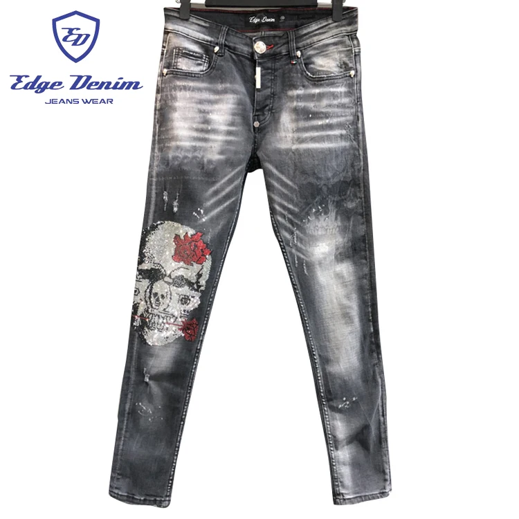 Source Edge Denim OEM White & Blue Iron Diamond Printed Slim Fit Stretch  Pants Men Skinny Denim Jeans on m.