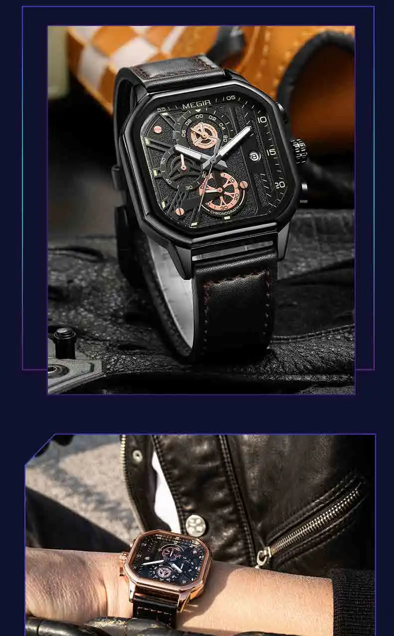 MEGIR 8106 Casual Leather Men's Watches Fashion Square Business Wristwatches Relojes Hombre Luminous Quartz Watches Custom LOGO