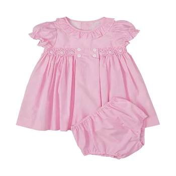 Wholesale Toddler Girls Clothes Sets Summer Pink Peter Pan Collar Dress Matching Baby Diaper Cover