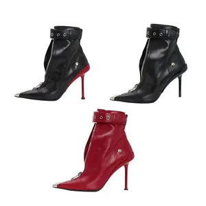 2023 European American Women's Winter Fashion Boots New Metal High-Heeled Pointed Front Zipper Design Large Size Cross-Border