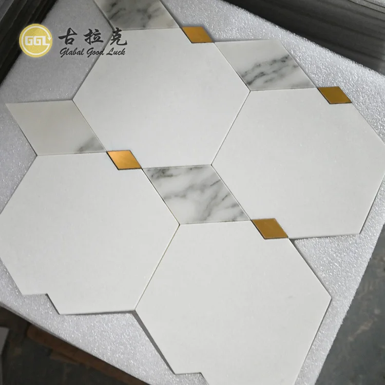 Marble Calacatta Gold Mixed Thassos White  And Brass Waterjet Polished Mosaic Tile for Bathroom Wholesale