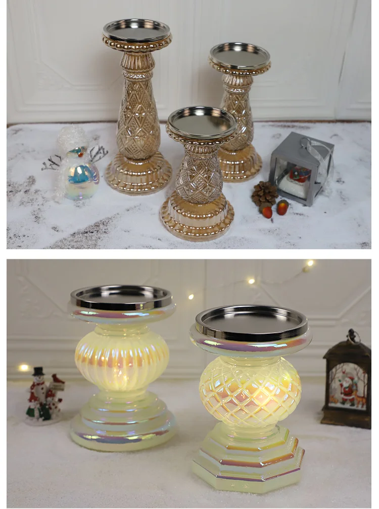 Fancy New Year Rainbow Painted Luxury Shiny Glass Candle Holder With Timer Sense of Atmosphere Wedding Table Decoration details