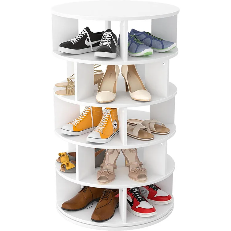 Rotating 5-Tier Wood Shoe Organizer Stackable Spinning Shoe Rack Tower Space-Saving Shoe Storage Shelf for Entryway