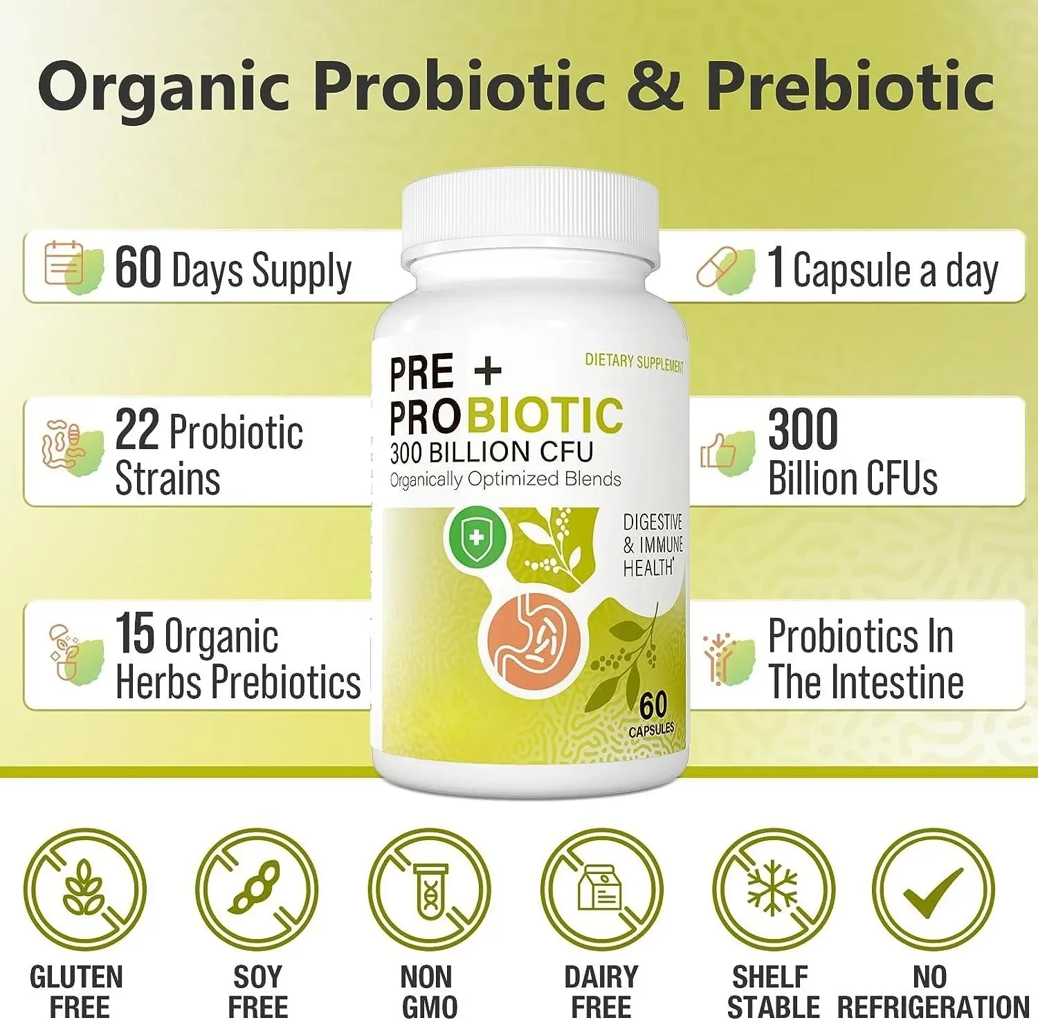 OEM/ODM Pre +Probiotics capsules - 300 Billion CFU, 22 Strains Probiotics Daily Probiotics for Digestive Health, Immune Constipa