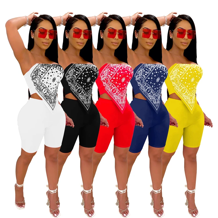 Latest Design Ladies Outfits Short Sets 2 pcs Bodycon Chest Wrap Street Wear Summer Women Two Piece Suit