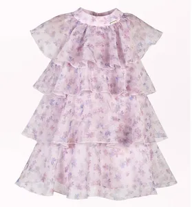 Lovely Children's Floral Print Evening Dress Girls Short Sleeves Knee Length Multi - Ruffled Gown