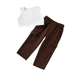 Summer Causal Kids Clothes Sets New Design Children Outfits Solid Sleeveless Vest Tops High Waist Pocket Pants Girls Wear