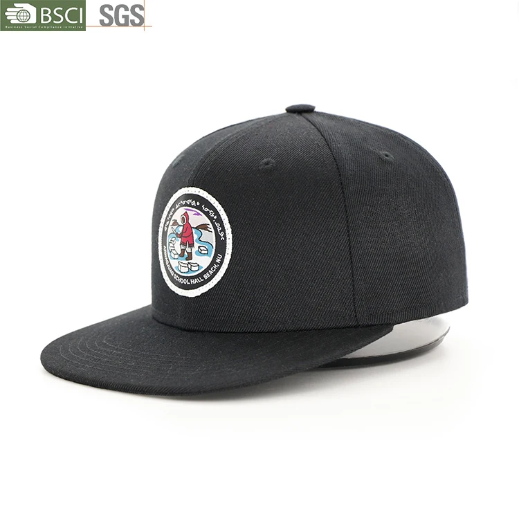 BSCI Flat Brim Embroidered Customize Black Hat Snapback Cap