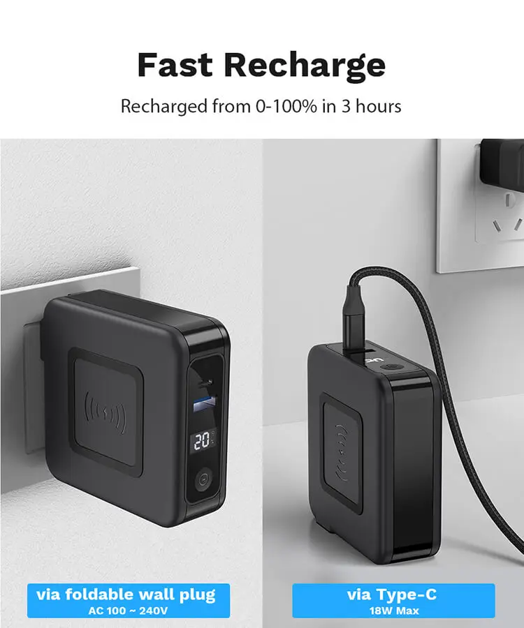 Portable 10,000mAh External Battery Pack 3 in 1 Wireless Power Banks with Dual USB Port Fast Wall Charger, Foldable AC Plug PD Quick Charger USB Type-C Wall Charger Adapter for iPhone Fast Charge