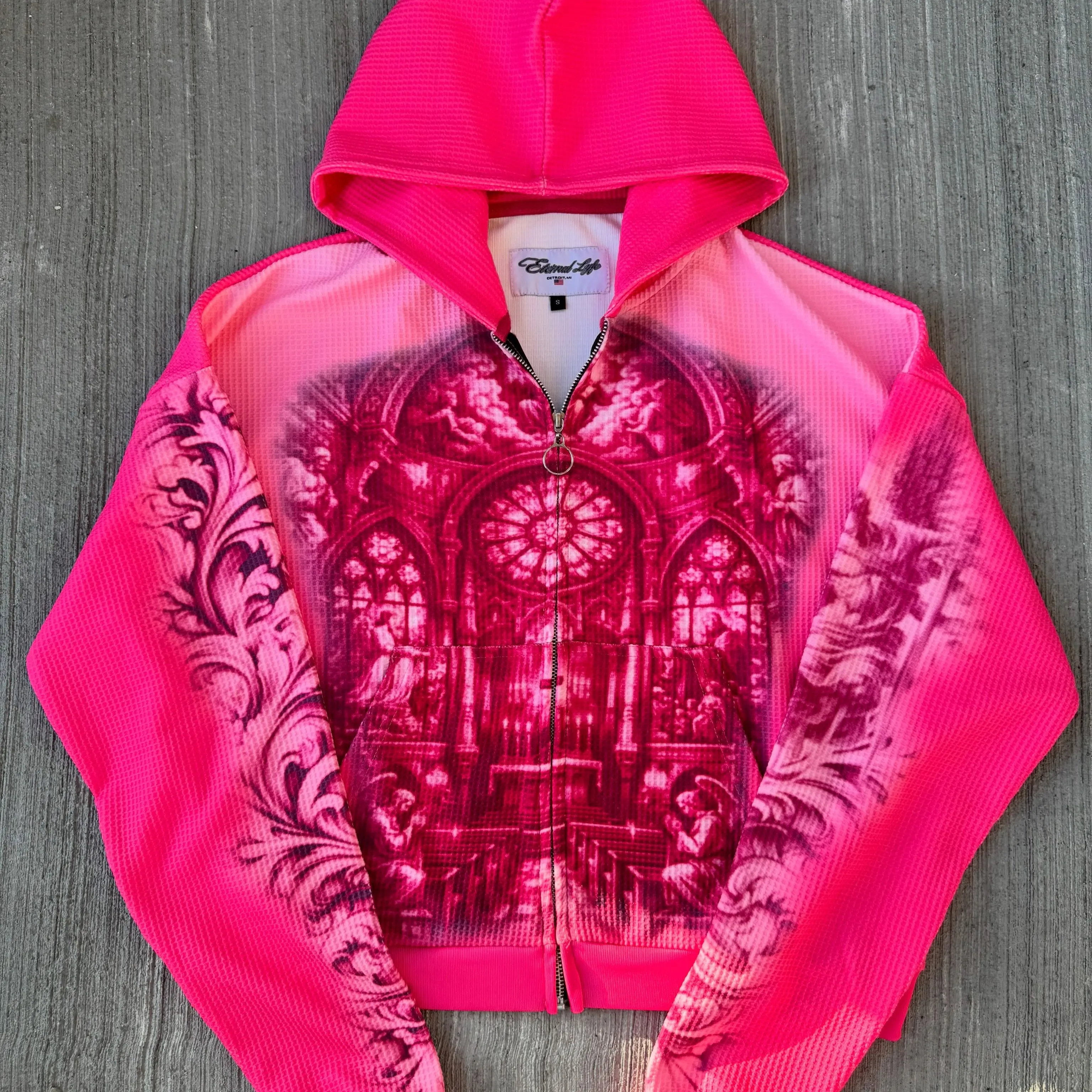 OEM ODM Custom Lined Winter Print Cotton French Terry Stripes Stitching Sun Fade Acid Washed Boxy Fit Zipper Hoodie Unisex gallery 7