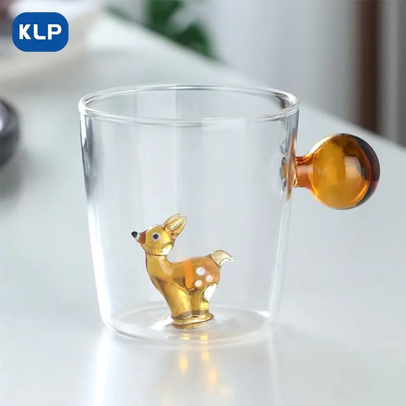 Round Glass Mug with Handle Fawn Pattern Insulated for Drinking Coffee Tea