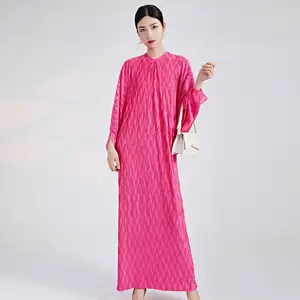 Summer Muslim Women Fashion Elegant Dress Casual Plus Size Miyake Pleated Long Dress