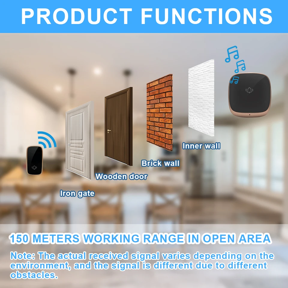 Daytech DB25 LED Indicator Doorbells Wireless Self Powered Door Bells for Indoor Outdoor