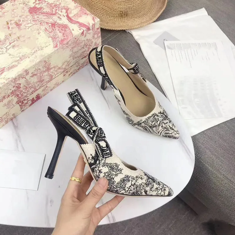 Embroidery Leather Pointed Toe High Heeled Sandals Wrap Toe Slingback ...