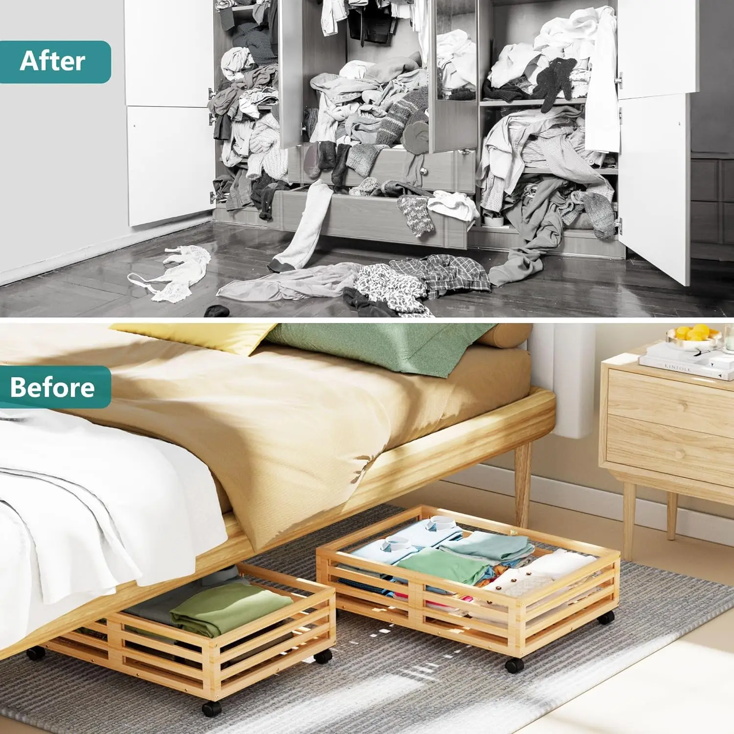 Bamboo Under Bed Storage Containers Underbed Organizer with Wheels with Large Dust Bag Sturdy Wood Rolling Under the Bed