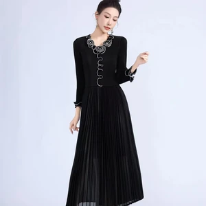 Women's Vintage Black Midi Dress | Long Sleeve Ruched Top Pleated Skirt | Embroidered Trim for Evening/Work Occasions