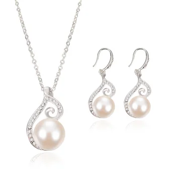 Wholesale low price french style white Pearl with zircon stone necklace and earrings jewelry sets for women