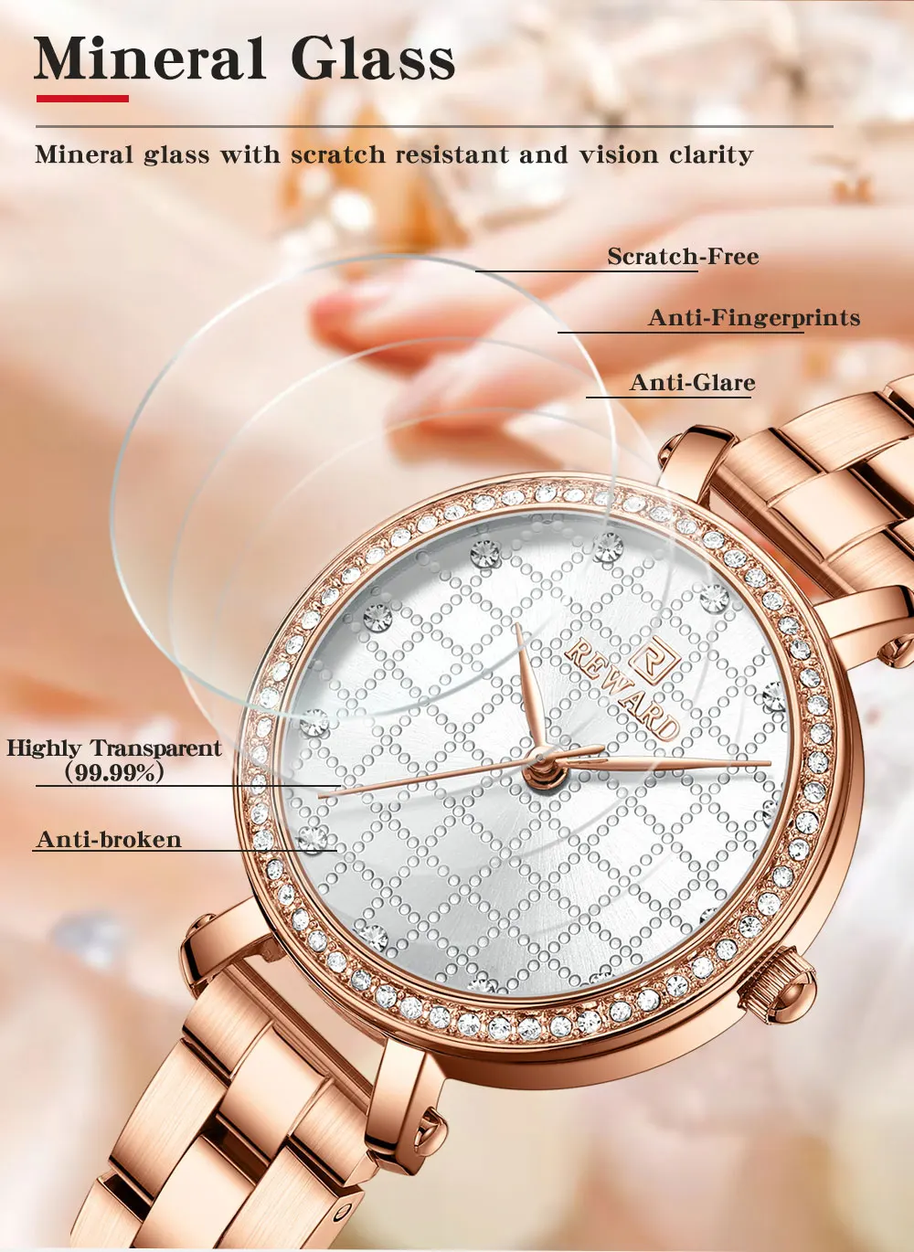 REWARD Watch for Women Wrist Watches Top Brand Quartz Movement Grid Dial Clock Stainless Steel Wristwatches