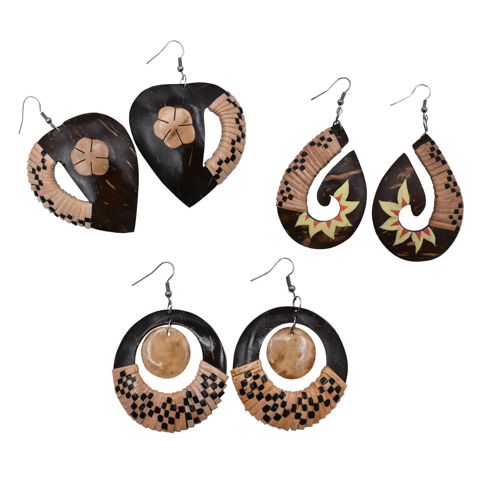 E1147 Square White Flower Design Coconut Shell Wooden Earrings - Iris  Fashion Jewelry