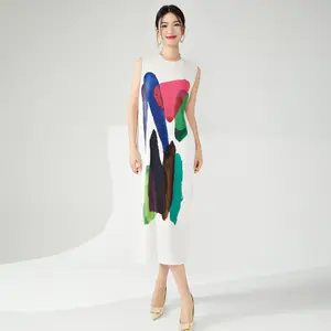 High Quality Summer Women's Sleeveless Pleated Dress New Fashion Elegant Stretch Casual Printed Dress