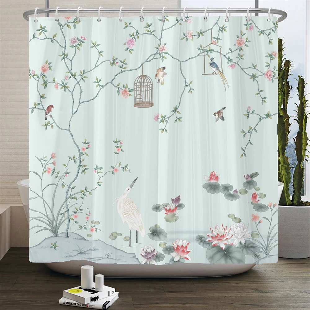 Chinese Lotus Flower Shower Curtain Zen Ink Landscape Painting Art Home R Bath Mat Toilet Cover Flannel Bathroom Carpet Set