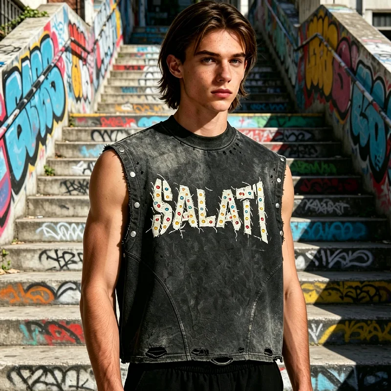 Custom Summer 100 Percent Cotton Ripped Distressed Embroidery Rhinestone Sleeveless T Shirt Acid Wash Rivet Tank Top Apparel gallery 3