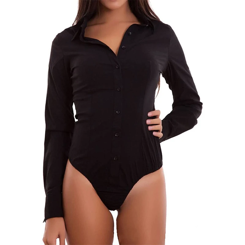 Women Long Sleeve Button Down Shirts Bodysuit One Piece