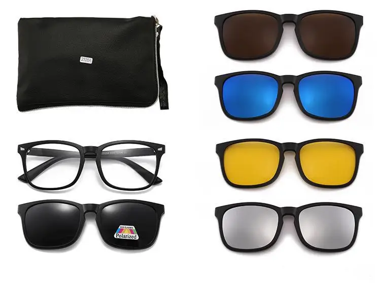 5 in 1 Sunglasses Magnetic Clip on Glasses TR90 Optical Prescription Eyeglass Frames with Clips Polarized Sunglasses Men